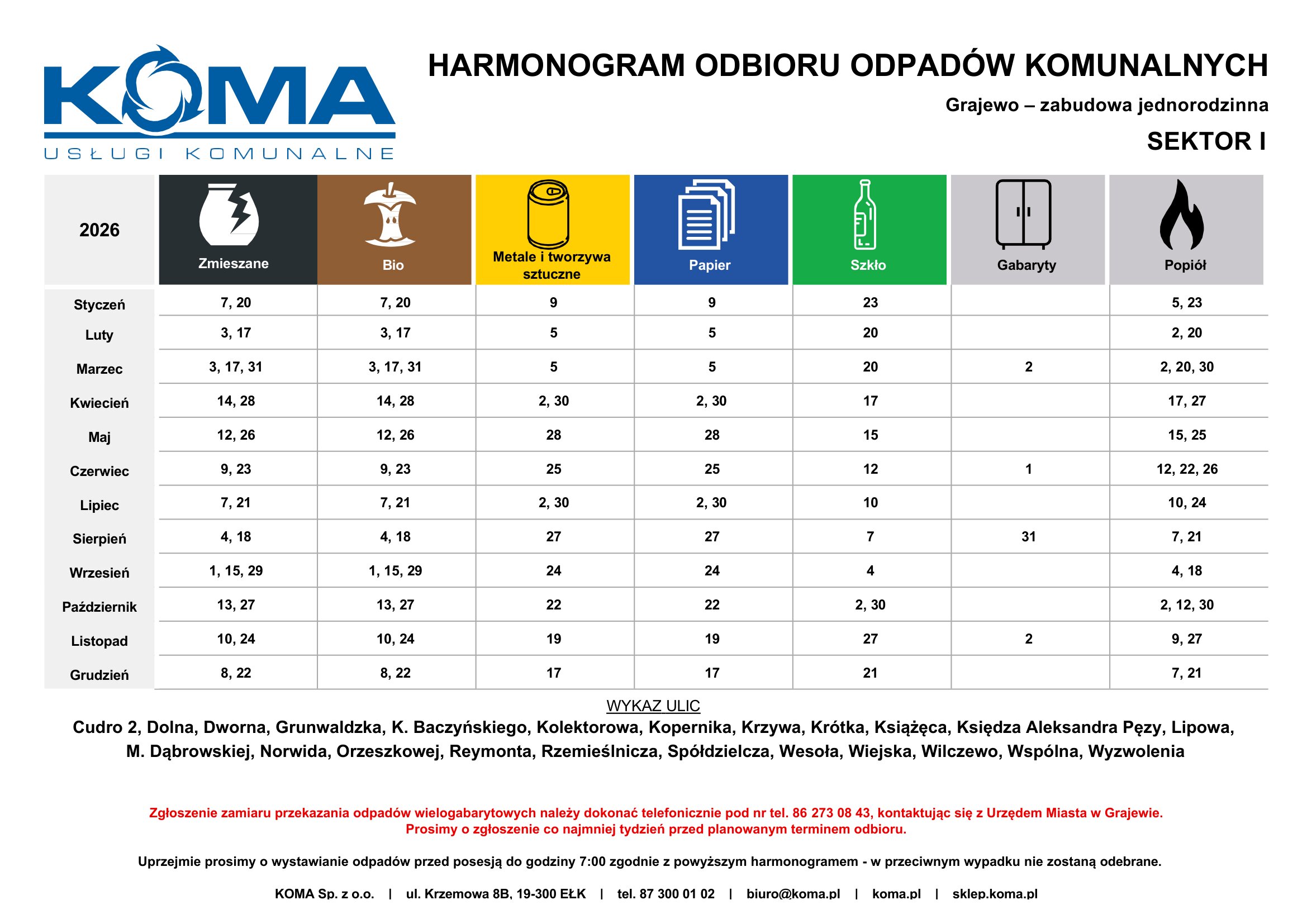 Harmonogram wywozu odpadów sektor I 2026 r.